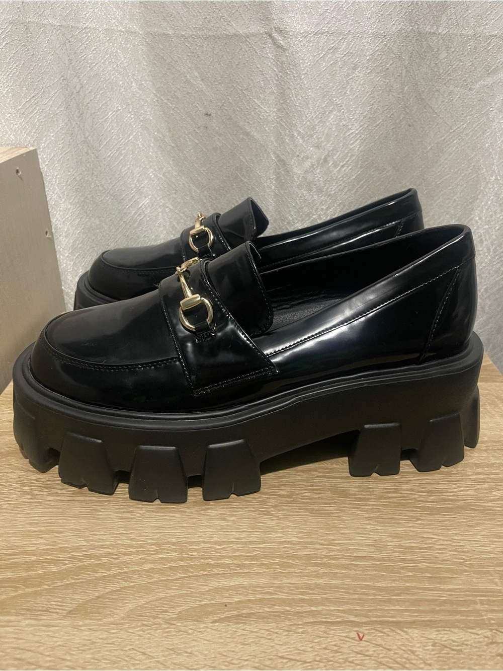Princess Polly black faux leather loafers with gold hardware - Picture 2 of 4